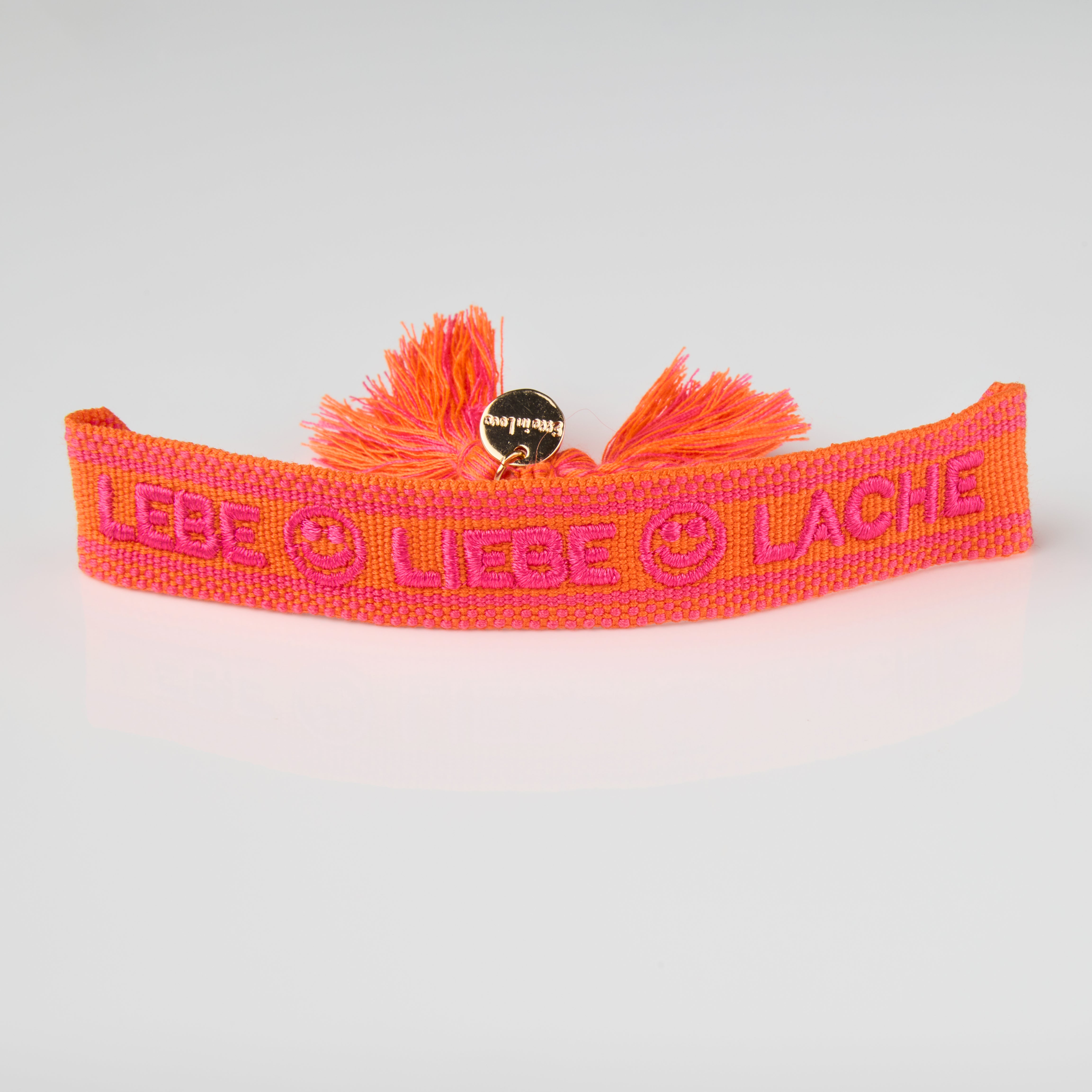 "Lebe, Liebe, Lache" Stoffarmband Neon Orange